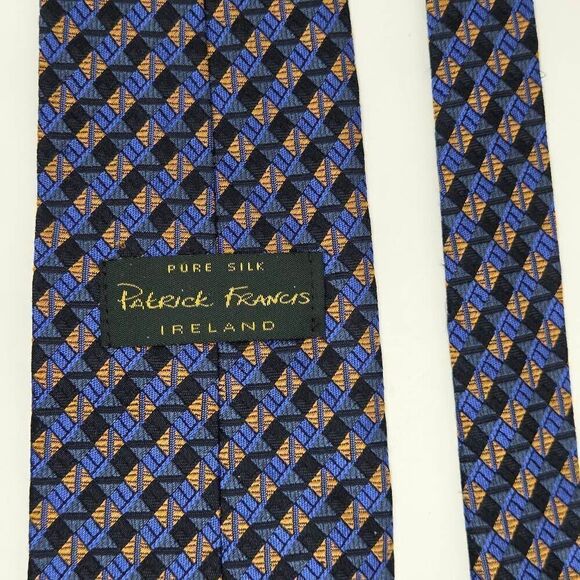 PATRICK FRANCIS IRELAND SILK TIE BLUE BLACK GOLD GEOMETRIC SATIN 3.75" X 60" - Picture 3 of 3